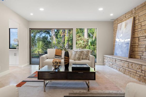 Interior, Living room, Recessed Lighting, Stone Walls