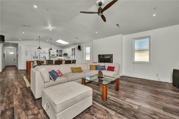 Fireplace, Interior, Kitchen, Living room, Pendant Lights, Recessed Lighting, Wood Texture Flooring