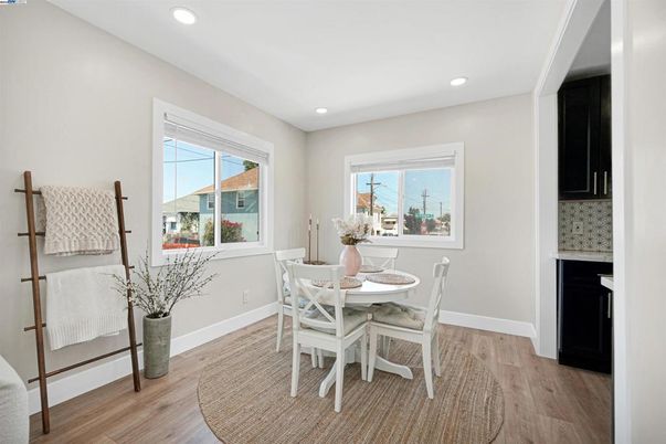 Dining room, Interior, Recessed Lighting, Wood Texture Flooring