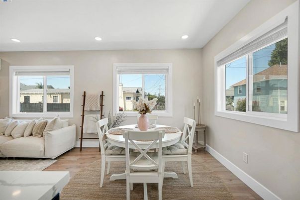 Dining room, Interior, Recessed Lighting, Wood Texture Flooring