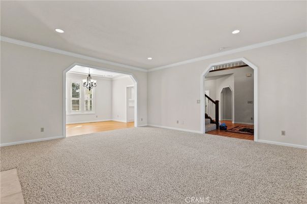 Chandelier, Empty room, Interior, Recessed Lighting, Wood Texture Flooring
