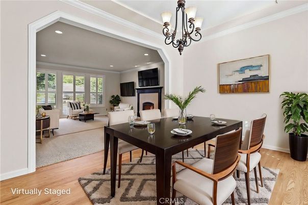 Chandelier, Dining room, Fireplace, Interior, Living room, Recessed Lighting, Wood Texture Flooring