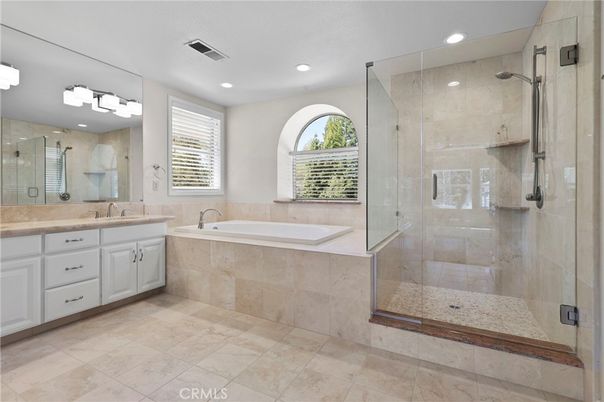 Bathroom, Dual Sink Vanities, Glass Shower, Interior, Recessed Lighting
