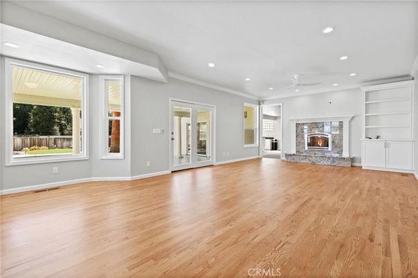 Empty room, Fireplace, Interior, Recessed Lighting, Wood Texture Flooring