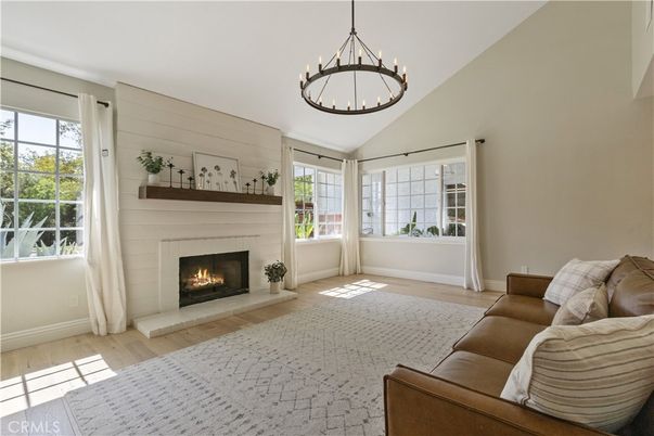 Fireplace, Interior, Living room, Pendant Lights, Wood Texture Flooring