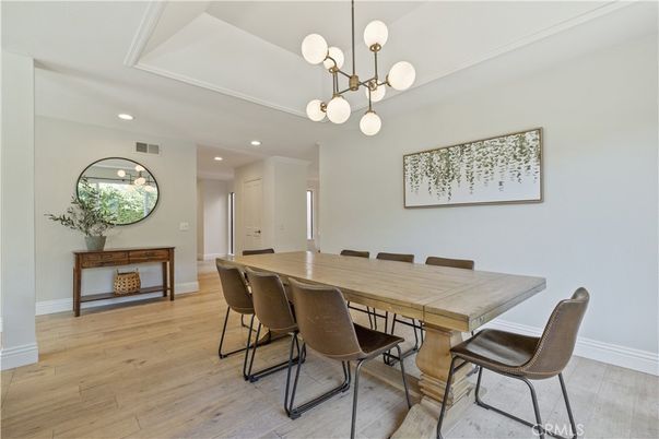 Dining room, Interior, Pendant Lights, Recessed Lighting, Wood Texture Flooring
