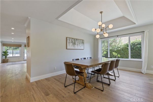 Dining room, Interior, Pendant Lights, Recessed Lighting, Wood Texture Flooring