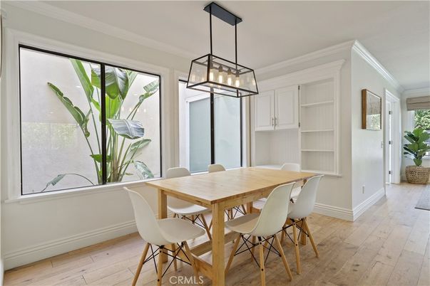 Dining room, Interior, Pendant Lights, Wood Texture Flooring