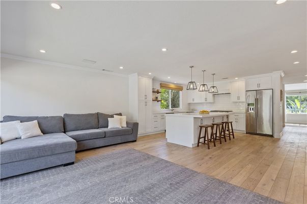 Interior, Kitchen, Living room, Pendant Lights, Recessed Lighting, Stainless Steel Appliances, Wood Texture Flooring