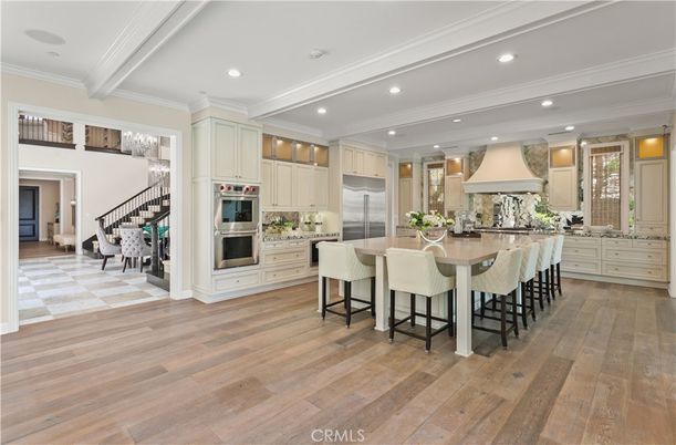 Chandelier, Interior, Kitchen, Recessed Lighting, Stainless Steel Appliances, Wood Texture Flooring