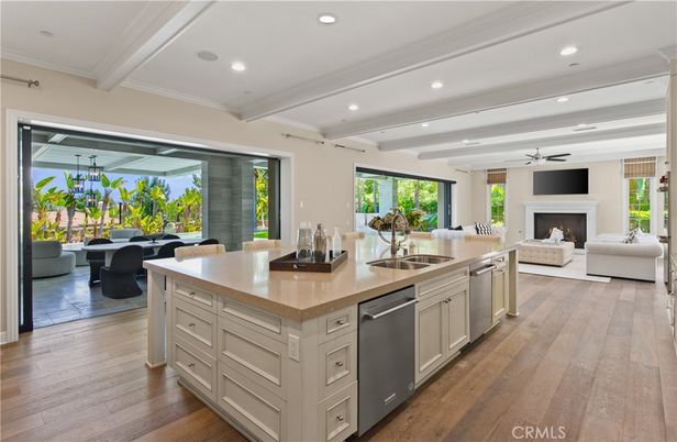 Dining room, Fireplace, Interior, Kitchen, Living room, Recessed Lighting, Wood Texture Flooring