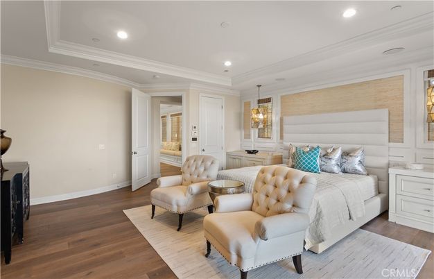 Bedroom, Chandelier, Interior, Recessed Lighting, Wood Texture Flooring