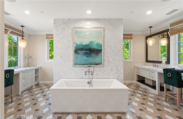 Bathroom, Dual Sink Vanities, Interior, Marble Walls, Pendant Lights, Recessed Lighting