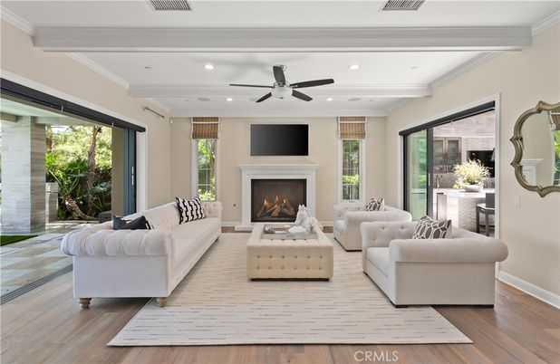 Fireplace, Interior, Living room, Recessed Lighting, Wood Texture Flooring