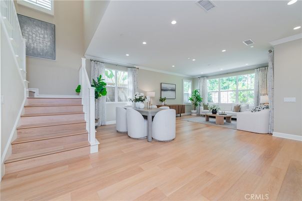 Dining room, Interior, Living room, Recessed Lighting, Wood Texture Flooring