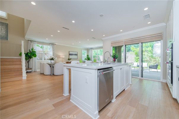 Dining room, Interior, Kitchen, Recessed Lighting, Stainless Steel Appliances, Wood Texture Flooring