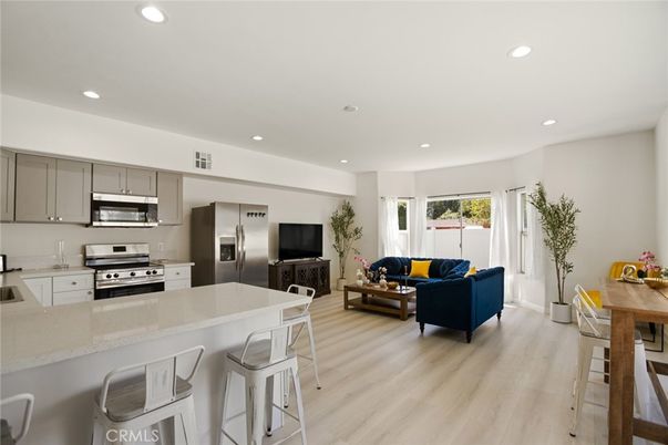 Interior, Kitchen, Living room, Recessed Lighting, Stainless Steel Appliances, Wood Texture Flooring