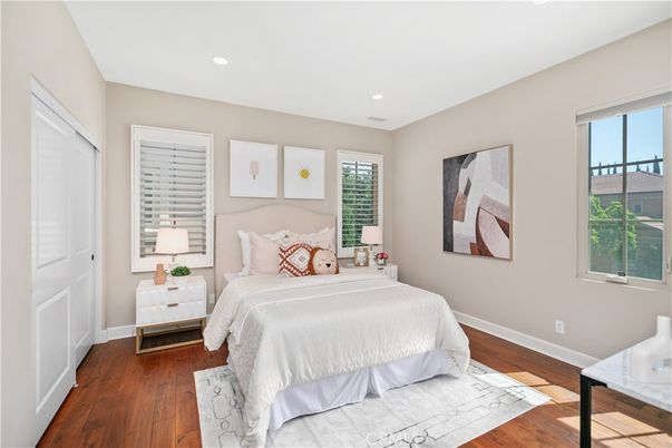 Bedroom, Interior, Recessed Lighting, Wood Texture Flooring