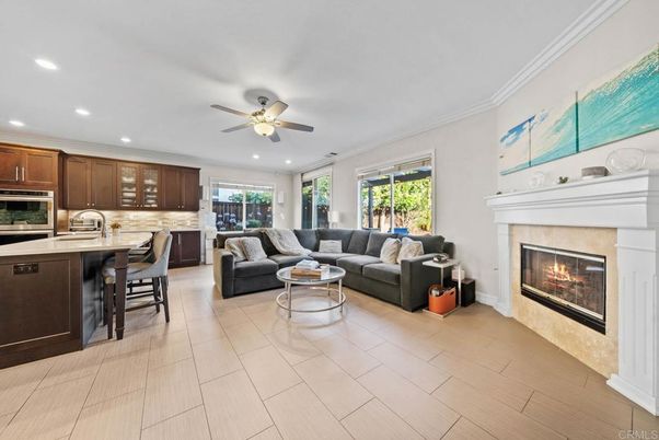 Fireplace, Interior, Kitchen, Living room, Recessed Lighting