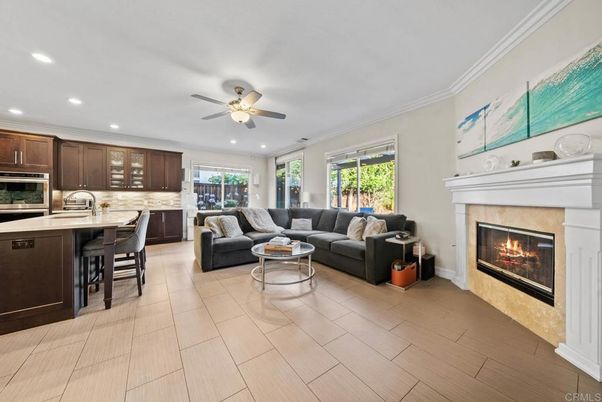 Fireplace, Interior, Kitchen, Living room, Recessed Lighting, Wood Texture Flooring