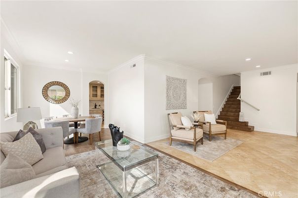 Dining room, Interior, Living room, Recessed Lighting, Wood Texture Flooring