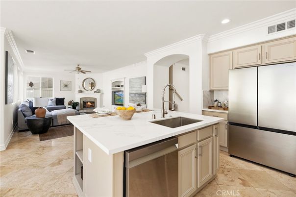 Fireplace, Interior, Kitchen, Living room, Recessed Lighting, Stainless Steel Appliances