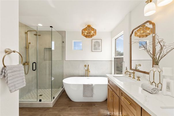 Bathroom, Free Standing Baths, Glass Shower, Interior, Recessed Lighting, Wood Texture Flooring
