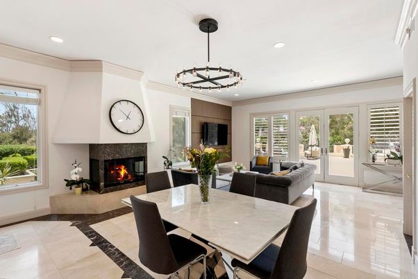 Dining room, Fireplace, Interior, Living room, Pendant Lights, Recessed Lighting