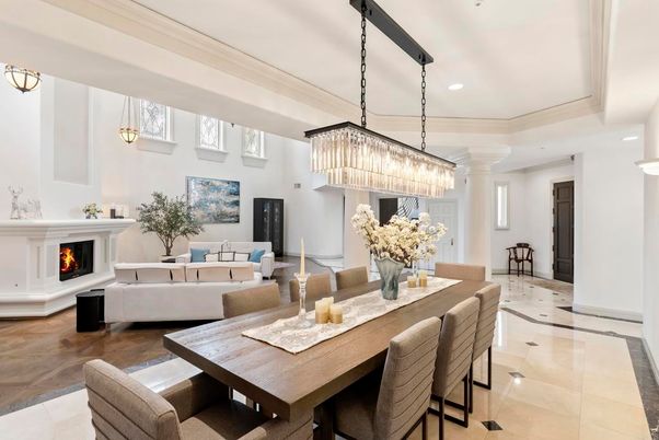 Chandelier, Dining room, Fireplace, Interior, Living room, Pendant Lights, Recessed Lighting