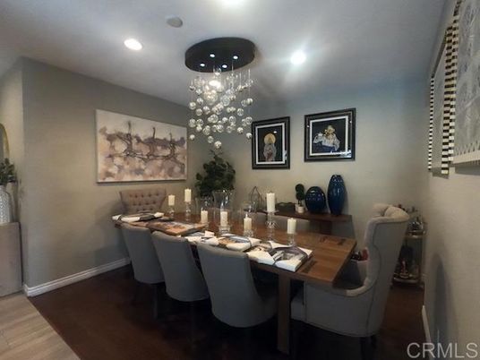 Dining room, Interior, Pendant Lights, Recessed Lighting, Wood Texture Flooring