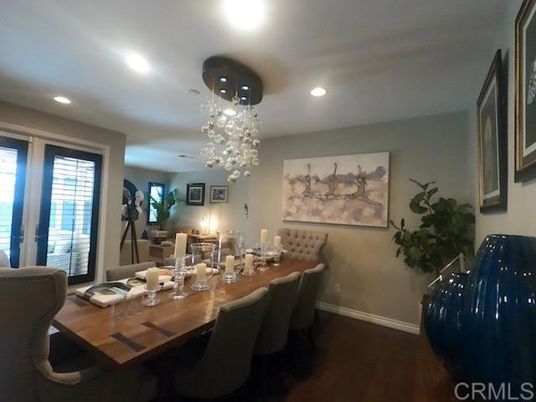 Dining room, Interior, Pendant Lights, Recessed Lighting, Wood Texture Flooring