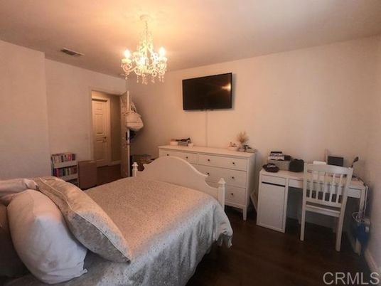 Bedroom, Chandelier, Home Office, Interior, Wood Texture Flooring