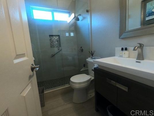Bathroom, Glass Shower, Interior, Wood Texture Flooring