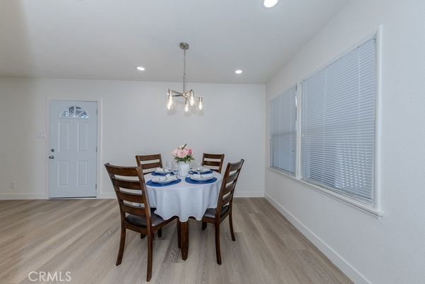 Dining room, Interior, Pendant Lights, Recessed Lighting, Wood Texture Flooring