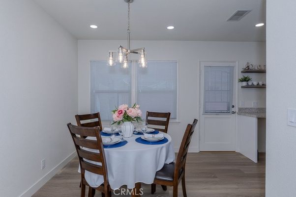 Dining room, Interior, Pendant Lights, Recessed Lighting, Wood Texture Flooring