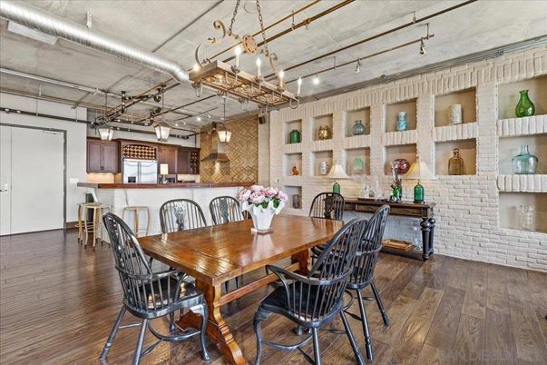 Dining room, Interior, Kitchen, Pendant Lights, Stone Walls, Wood Texture Flooring