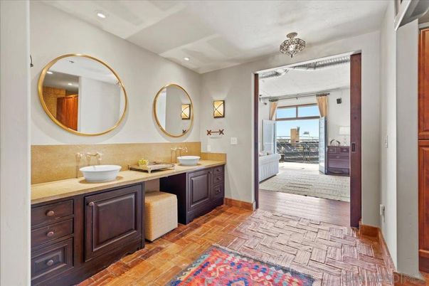 Bathroom, Dual Sink Vanities, Interior, Recessed Lighting, Wood Texture Flooring