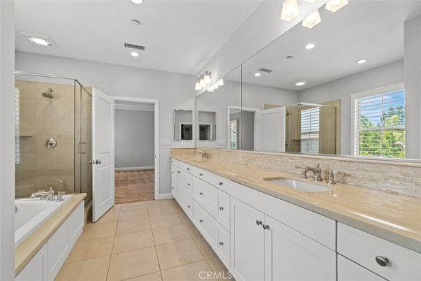 Bathroom, Dual Sink Vanities, Glass Shower, Interior, Recessed Lighting