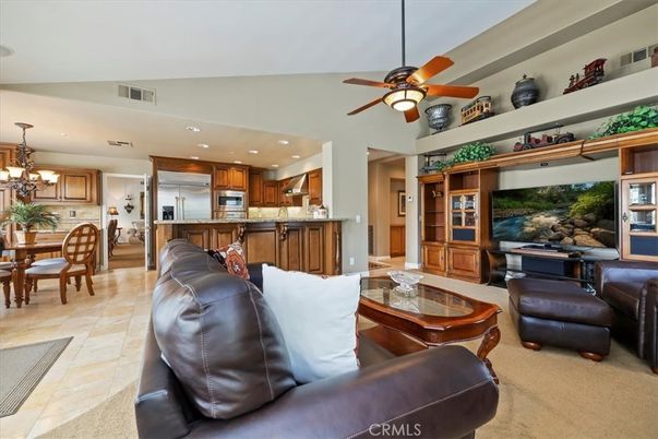 Chandelier, Dining room, Interior, Kitchen, Living room, Recessed Lighting, Stainless Steel Appliances