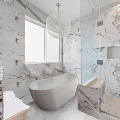 Bathroom, Free Standing Baths, Glass Shower, Interior, Marble, Marble Walls