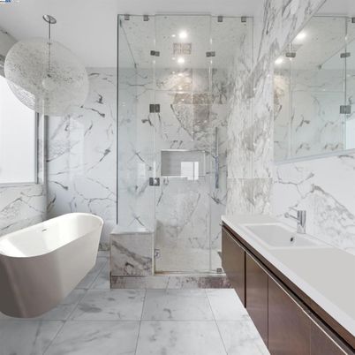 Bathroom, Free Standing Baths, Glass Shower, Interior, Marble, Marble Walls, Recessed Lighting