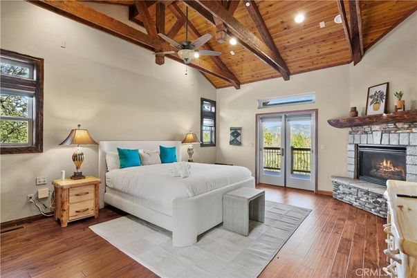 Bedroom, Fireplace, Interior, Recessed Lighting, Wooden Beams, Wooden Ceilings, Wood Texture Flooring