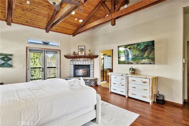 Bedroom, Fireplace, Interior, Recessed Lighting, Wooden Beams, Wooden Ceilings, Wood Texture Flooring