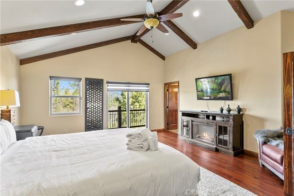 Bedroom, Fireplace, Interior, Recessed Lighting, Wooden Beams, Wood Texture Flooring