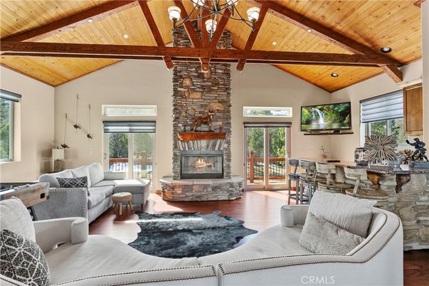 Fireplace, Interior, Living room, Recessed Lighting, Stone Walls, Wooden Beams, Wooden Ceilings, Wood Texture Flooring