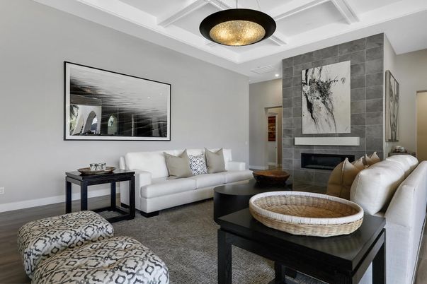 Fireplace, Interior, Living room, Pendant Lights, Wood Texture Flooring