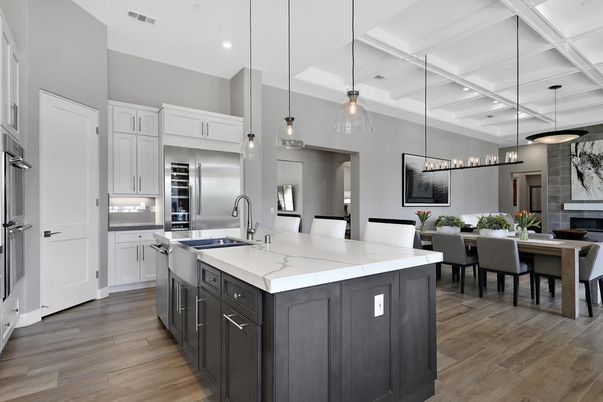 Dining room, Fireplace, Interior, Kitchen, Pendant Lights, Recessed Lighting, Stainless Steel Appliances, Wood Texture Flooring