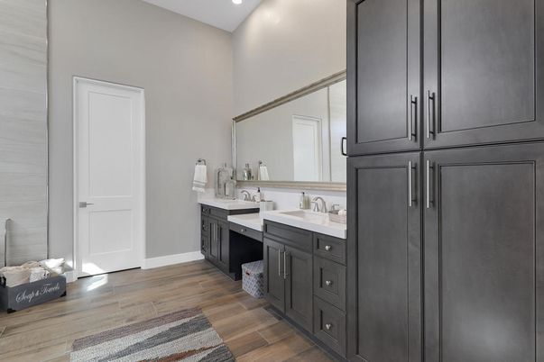 Bathroom, Dual Sink Vanities, Interior, Recessed Lighting, Wood Texture Flooring