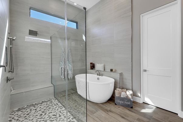 Bathroom, Free Standing Baths, Glass Shower, Interior, Recessed Lighting, Wood Texture Flooring