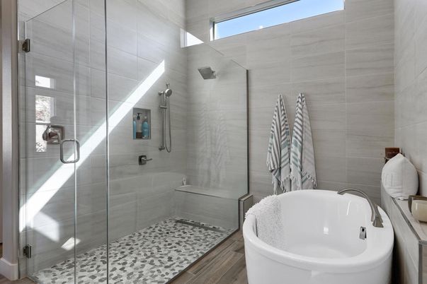 Bathroom, Free Standing Baths, Glass Shower, Interior, Wood Texture Flooring